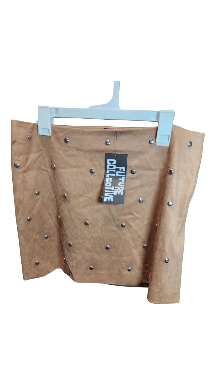 Future Collective Studded Faux Suede A-Line Mini Skirt Camel Tan Brown NWT Sz 12